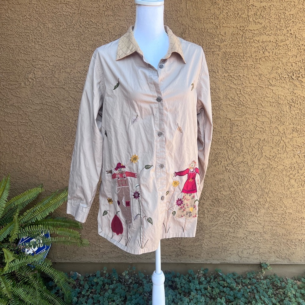 Beige Embroidered Button-Up Shirt